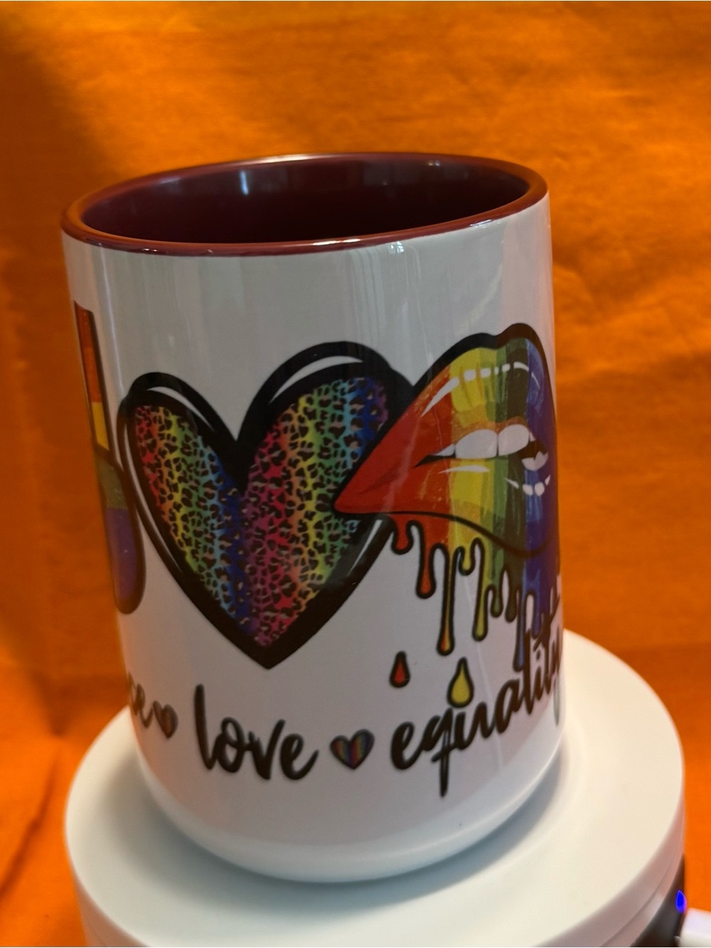 White Ceramic Mug with Rainbow Heart & Dripping Rainbow Lips